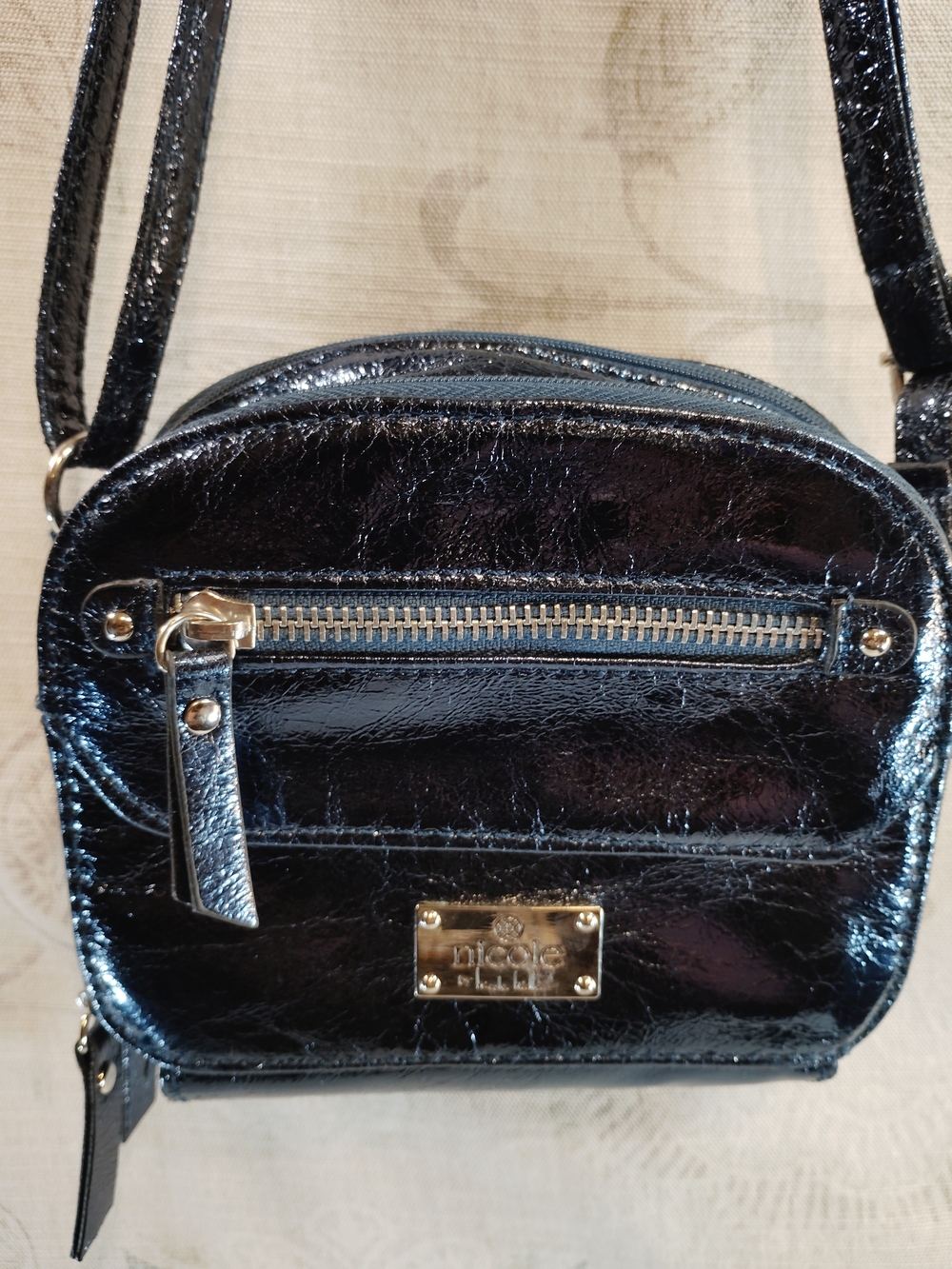 Nicole Miller Glossy Blue Mini Crossbody Bag with Gold Hardware